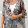 Women's Floral Print Puff Sleeve Kimono Cardigan Loose Cover Up Casual Blouse Tops