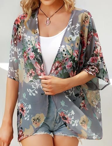 Women's Floral Print Puff Sleeve Kimono Cardigan Loose Cover Up Casual Blouse Tops