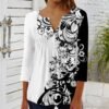 SHAOBGE Fall 3/4 Sleeve Tops for Women 2024 Floral Print Casual Shirts V Neck Button Oversized Comfy Lightweight Y2k Blouses