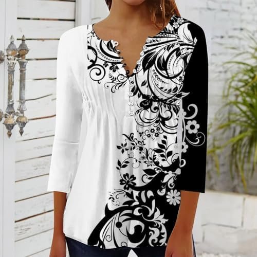 SHAOBGE Fall 3/4 Sleeve Tops for Women 2024 Floral Print Casual Shirts V Neck Button Oversized Comfy Lightweight Y2k Blouses
