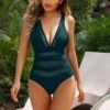Womens Sexy Mesh Swimsuits One Piece Tummy Control High Waisted V Neck Bathing Suit Slimming Cheeky Backless Swimwear
