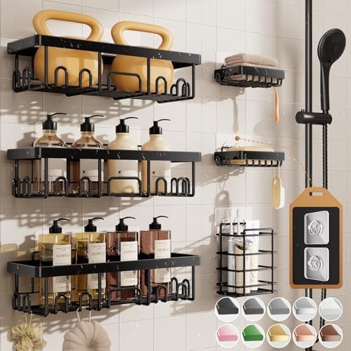 Veken Rustproof & Waterproof Shower Caddy 6-Pack, No Drilling Adhesive Shelves Rack with Soap Holder, Large Capacity Bathroom Organizers and Storage, Wall-Mounted Kitchen & Home Decor