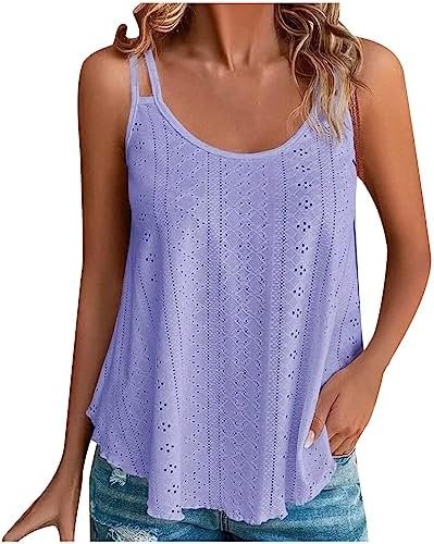 Womens Tank Tops Dressy Casual Eyelet Sleeveless Scoop Neck Camisole Shirts Loose Flowy Aesthetic Summer Beach Blouse