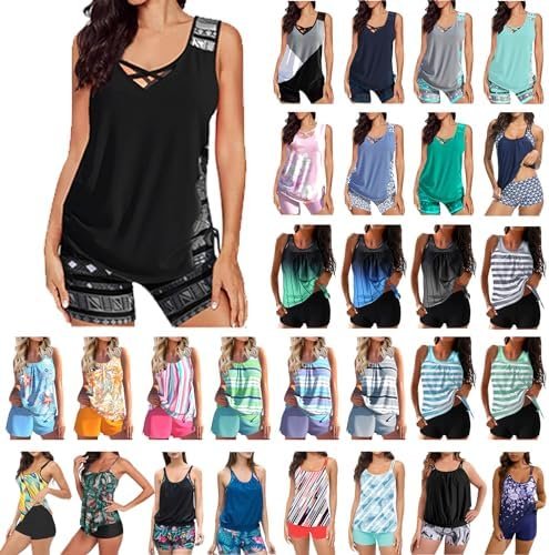 51MQYDQ6NXL._AC_.jpg Tankini Swimsuits for Women Loose Fit Crewneck Blouson Swim Tank Top Shorts 2 Piece Bathing Suit Modest Sport Swimwear