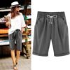 Bermuda Shorts for Women Knee Length Cotton Linen Elastic Waist Drawstring Shorts Summer Capris Pants with Pockets
