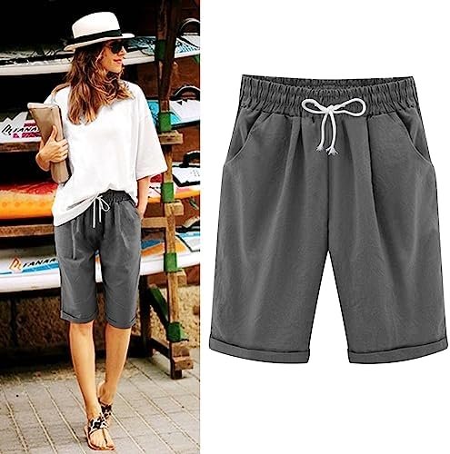 Bermuda Shorts for Women Knee Length Cotton Linen Elastic Waist Drawstring Shorts Summer Capris Pants with Pockets