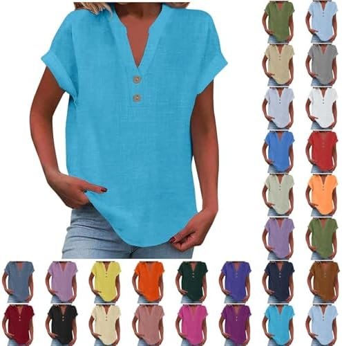 Linen Shirt for Women Summer Button Down Short Sleeve V Neck Tops Solid Color Comfy Blouses Casual Dressy Tunic Tees