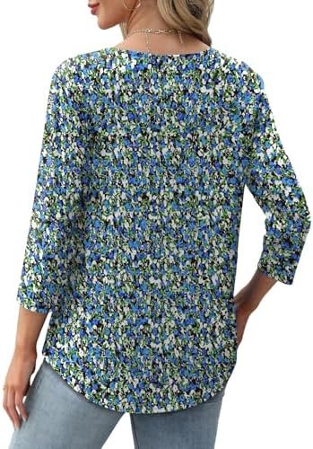 XIEERDUO 3/4 Length Sleeve Tops for Women 2025 Crewneck Casual Pleated Tunic Tops Loose Fit Shirts Blouses