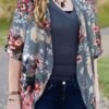 Women's Floral Print Puff Sleeve Kimono Cardigan Loose Cover Up Casual Blouse Tops
