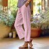 Cotton Linen Pants for Women Summer Boho Plus Size Elastic Waist Casual Loose Beach Straight Leg Trouser with Pockets