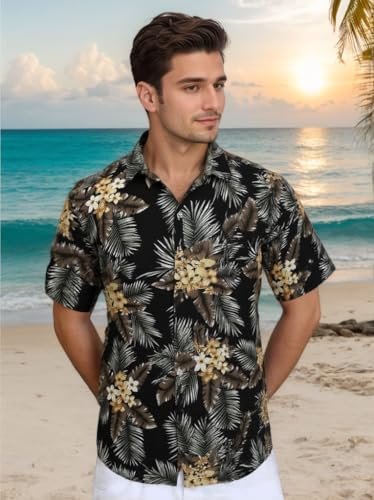 Mens Hawaiian Shirts Tops Short Sleeve Floral Button Down Beach Shirt Vintage Tropical Palm Summer Lightweight Blouses Male
