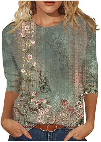 Womens Tops 3/4 Sleeve,Plus Size Fall Shirts for Women Casual Floral Printed Three Quarter Tunic top Loose Fit Blouse