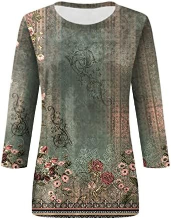 Womens Tops 3/4 Sleeve,Plus Size Fall Shirts for Women Casual Floral Printed Three Quarter Tunic top Loose Fit Blouse