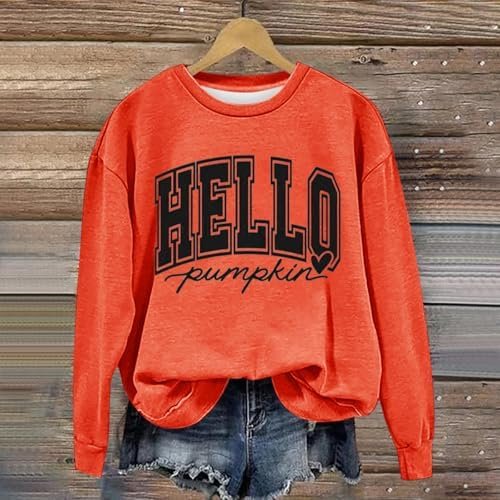 Generic Halloween Sweatshirts for Women Casual Crewneck Pullover Long Sleeve Shirt Hello Pumpkin Print Loose Fit Fall Clothes