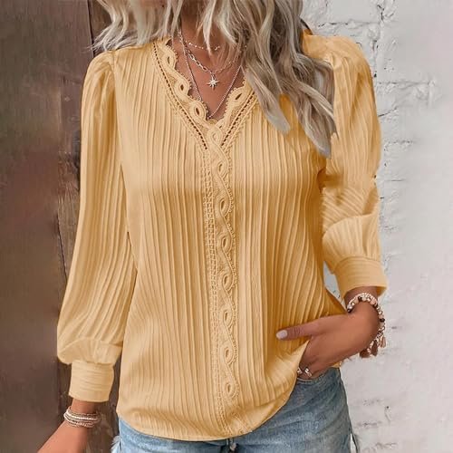 Long Sleeve Shirts for Women 2024 V Neck Lace Tops Business Casual Dressy Blouses Work Oversized Shirts Fall Clothes