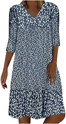 Generic 3/4 Sleeve Knee Length Dress for Women 2024 Casual Comfy Loose Fit Midi Dresses Womens Summer Boho Floral Dresses