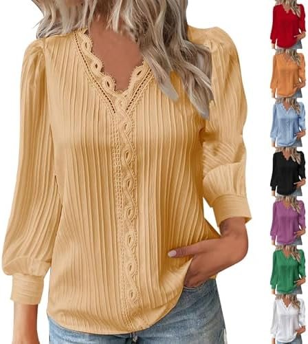 Long Sleeve Shirts for Women 2024 V Neck Lace Tops Business Casual Dressy Blouses Work Oversized Shirts Fall Clothes