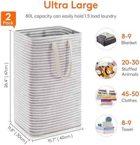 Lifewit 2 Pack Laundry Hamper Large Collapsible Laundry Baskets, Freestanding Waterproof Clothes Hamper with Easy Carry Handles in Laundry Room Bedroom Bathroom College Dorm for Adults, Grey, 2 x 80L