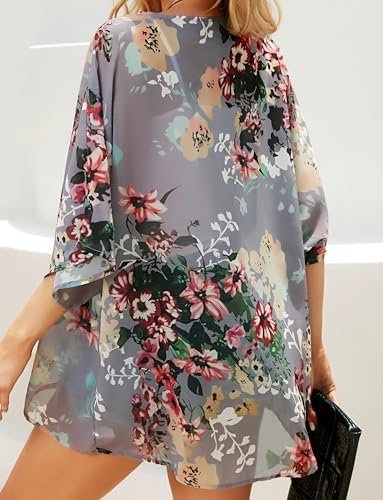 Women's Floral Print Puff Sleeve Kimono Cardigan Loose Cover Up Casual Blouse Tops
