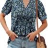 ROSELINLIN Womens Short Sleeve Shirts Loose Summer Floral Tunic Tops