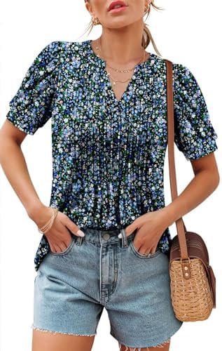 ROSELINLIN Womens Short Sleeve Shirts Loose Summer Floral Tunic Tops