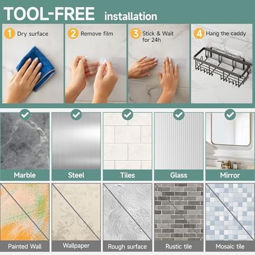 Veken Rustproof & Waterproof Shower Caddy 6-Pack, No Drilling Adhesive Shelves Rack with Soap Holder, Large Capacity Bathroom Organizers and Storage, Wall-Mounted Kitchen & Home Decor