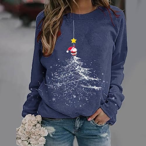 Womens Christmas Tree Graphic Sweatshirts Plus Size Crewneck Long Sleeve Pullover Casual Cute Funny Xmas Holiday Tops