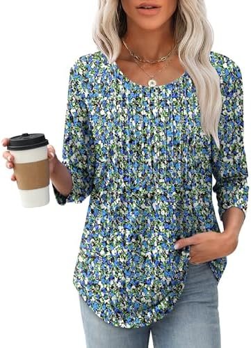 XIEERDUO 3/4 Length Sleeve Tops for Women 2025 Crewneck Casual Pleated Tunic Tops Loose Fit Shirts Blouses