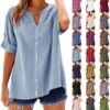 51gHG3y-dL._AC_.jpg Linen Shirts for Women 2025 Summer Cotton Short Sleeve Button Down Blouses Casual Oversized Solid Color Tunic Tops