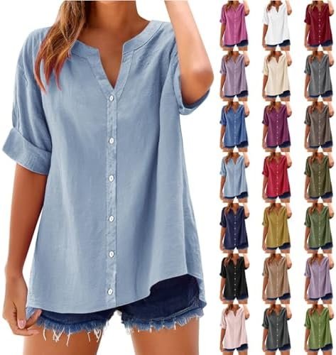 51gHG3y-dL._AC_.jpg Linen Shirts for Women 2025 Summer Cotton Short Sleeve Button Down Blouses Casual Oversized Solid Color Tunic Tops