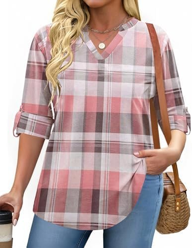 51iqIXlHdL._AC_.jpg IN'VOLAND Womens Plus Size Long Sleeve Tops V Neck Plaid Roll Up Shirts Basic Casual Work Blouses