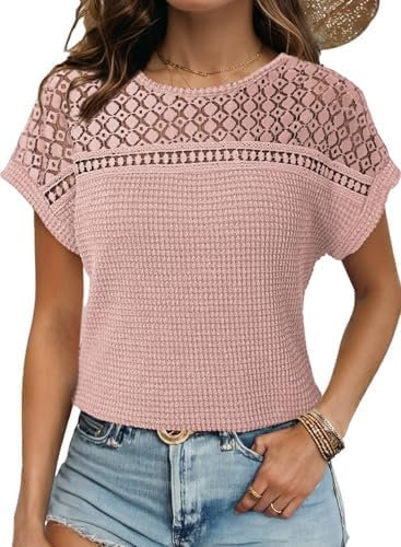 51m1CzwCx5L._AC_.jpg Dokotoo Women's Tops Casual Scoop Neck Short Sleeve Waffle Knit Hollow Out Shirts Loose Tunic Tops Blouses