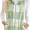Womens Fashion Plaid Fleece Vest Casual Fuzzy Sleeveless Fuzzy Sherpa Vest Fluffy Zipper Jacket Warm Outerwear