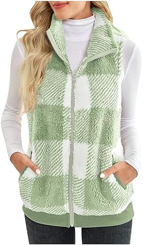 Womens Fashion Plaid Fleece Vest Casual Fuzzy Sleeveless Fuzzy Sherpa Vest Fluffy Zipper Jacket Warm Outerwear