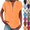Linen Shirts for Women Cotton Button Up Shirt Summer Short Sleeve Roll Up Loose Fit V-Neck Casual Work Blouse Tops