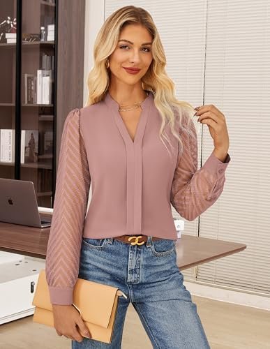 51muUAgyRL._AC_.jpg GRACE KARIN Women Business Casual Tops Sheer Lace Long Sleeve Blouses Work Office Pleated V Neck Shirt Fall Formal Outfits