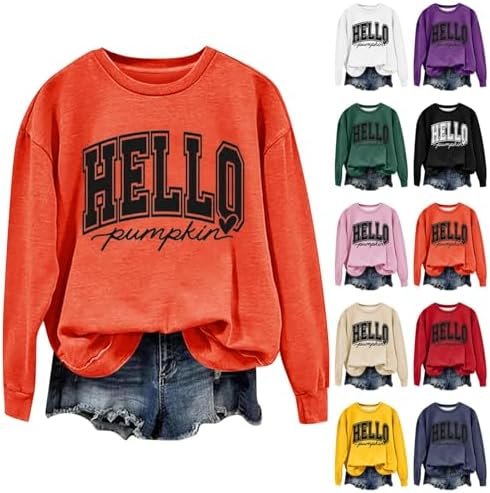Generic Halloween Sweatshirts for Women Casual Crewneck Pullover Long Sleeve Shirt Hello Pumpkin Print Loose Fit Fall Clothes