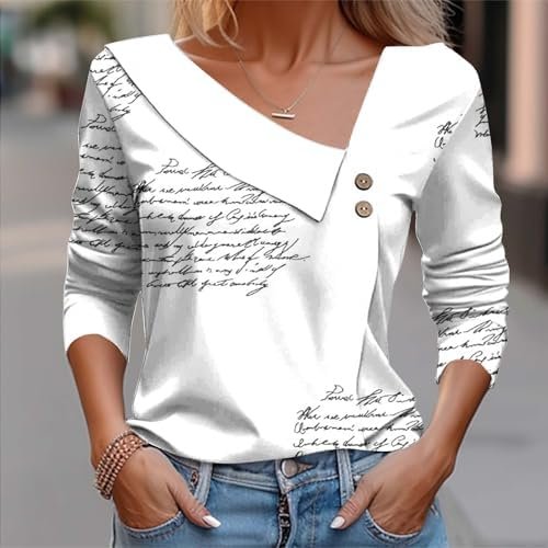 Womens Long Sleeve Shirts Business Casual Tops Loose Work Blouses V Neck Button Front Printed T-Shirts Tunic