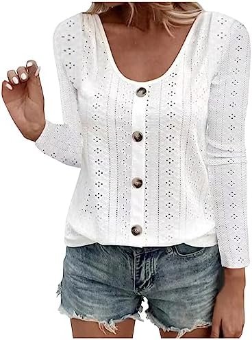 Ceboyel Womens Long Sleeve Tops 2023 Lace Crochet Casual Shirts Button Down V Neck Blouses Dressy Trendy Fashion Fall Clothes