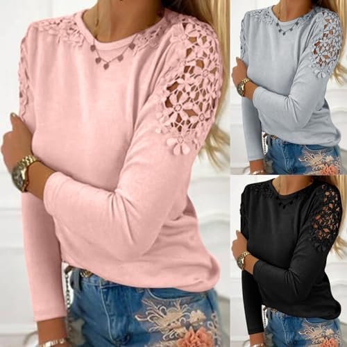 Generic Fall Shirts for Women 2024 Trendy Crew Neck Long Sleeves Blouses Tops Dressy Casual Lace Floral Shoulder Basic Shirt