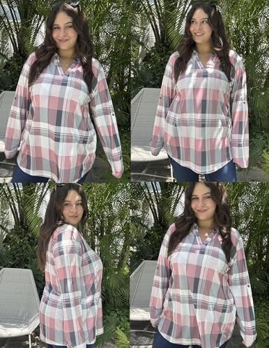 51sXF7i0xkL._AC_.jpg IN'VOLAND Womens Plus Size Long Sleeve Tops V Neck Plaid Roll Up Shirts Basic Casual Work Blouses