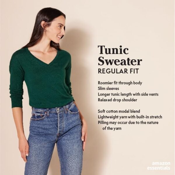 Amazon Essentials Women's Lightweight Long-Sleeve V-Neck Tunic Sweater (Available in Plus Size)