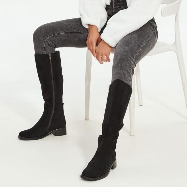 51xFQWmPXDL._AC_.jpg Knee High Boots Women Faux Leather Elastic Boots Low Heel Square Toe Side Zipper Fall Long Tall Boots for Women