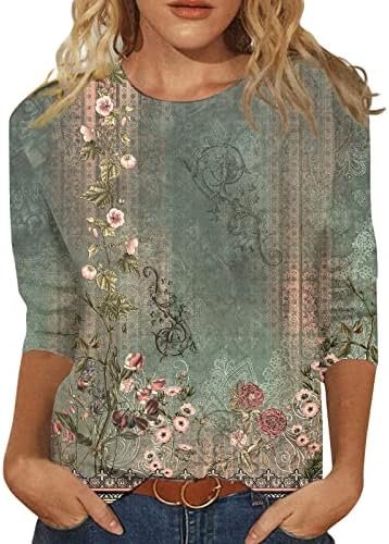Womens Tops 3/4 Sleeve,Plus Size Fall Shirts for Women Casual Floral Printed Three Quarter Tunic top Loose Fit Blouse