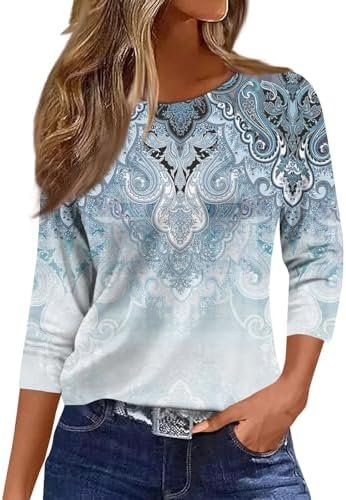 51zNdAqYFyL._AC_.jpg 3/4 Sleeve Cotton Tops for Womens Dressy Shirts Crewneck Tops,Women Tunic Casual Loose Fit Shirt Floral Print Blouse