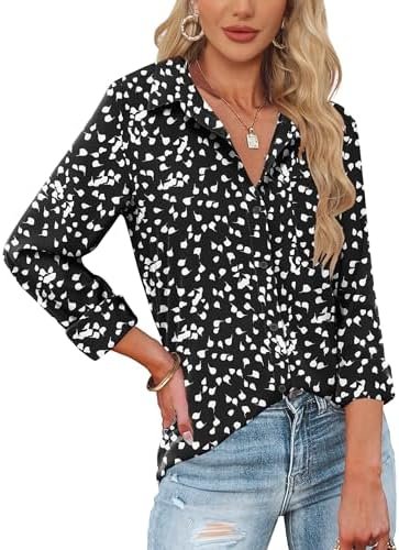 HOTOUCH Womens Button Down Shirts Long Sleeve Dress Shirts Casual V Neck Collared Tops Work Office Blouse with Pocket