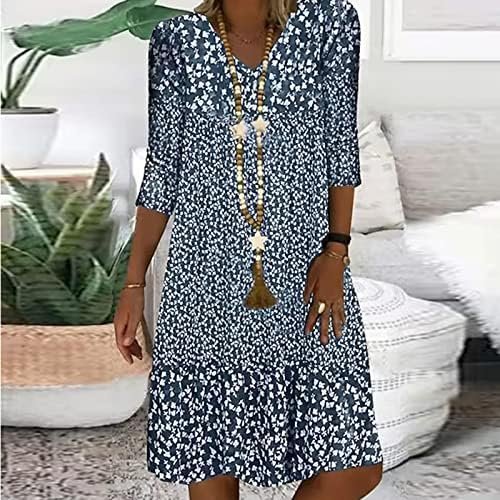 Generic 3/4 Sleeve Knee Length Dress for Women 2024 Casual Comfy Loose Fit Midi Dresses Womens Summer Boho Floral Dresses