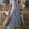 LFEOOST Womens 3/4 Sleeve Maxi Dresses Summer Fashion Floral Print Casual V Neck Drawstring Ruffles Beach Flowy Long Dress